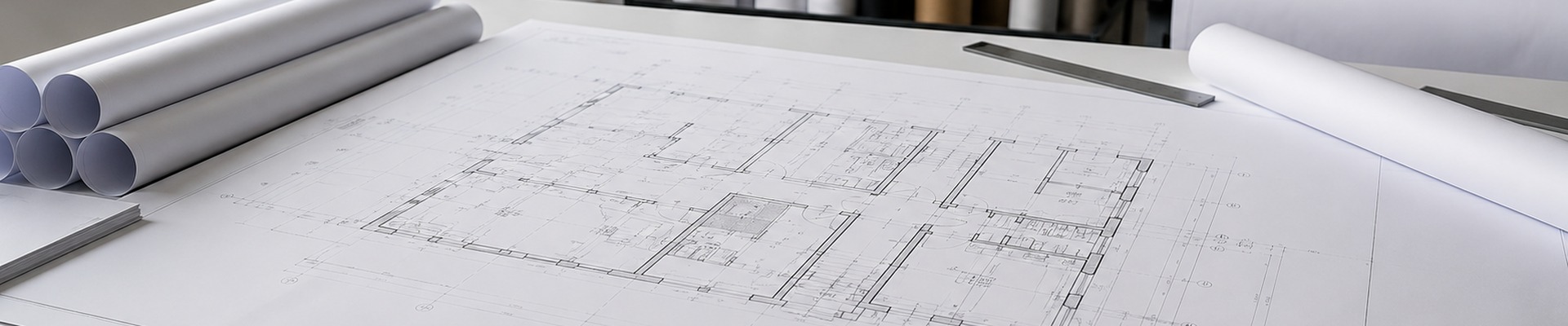 Rysunek wielkoformatowy z projektem technicznym rozłożony na stole w pracowni druku