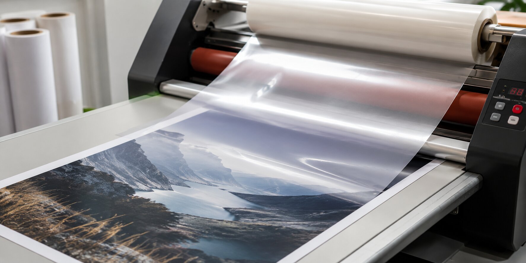 Laminowanie wydruku wielkoformatowego folią ochronną w profesjonalnym laminatorze